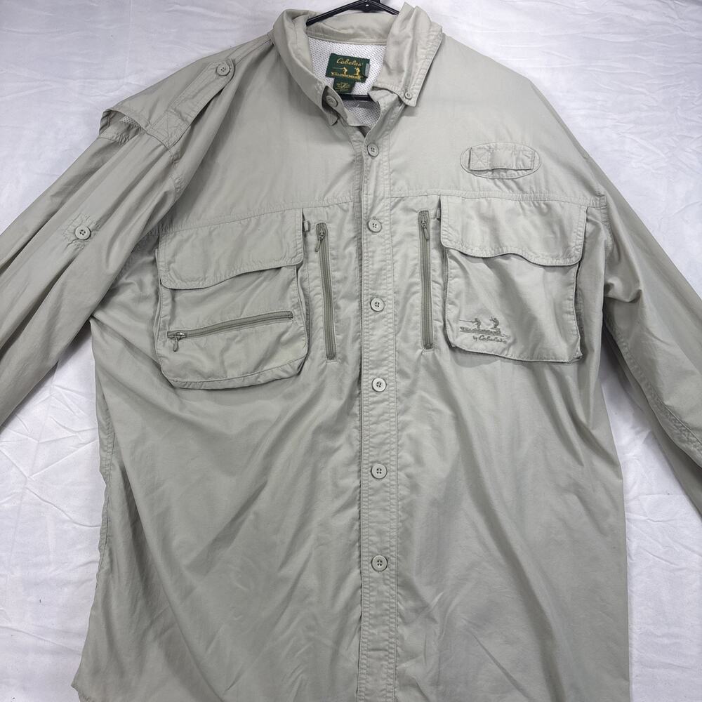 Cabela's Guidewear Men's XL TAN Nylon Fishing Shirt Long Sleeve Utility Pockets